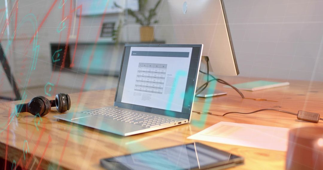 Modern Workspace with Laptop Open to Spreadsheet and Tech Devices on Desk