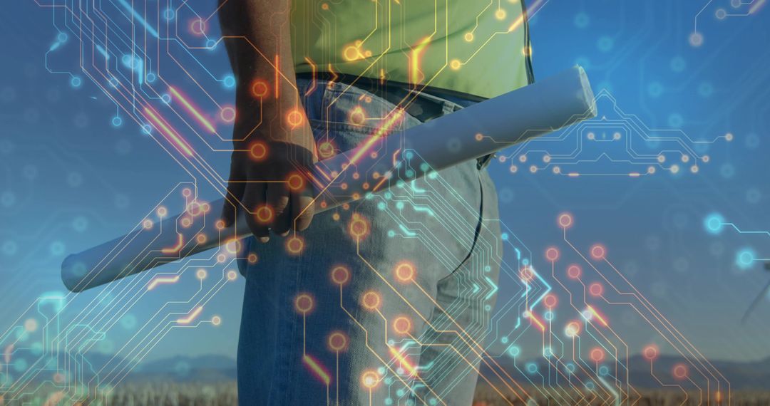 Architect with Blueprint and Digital Overlay Symbolizing Innovation