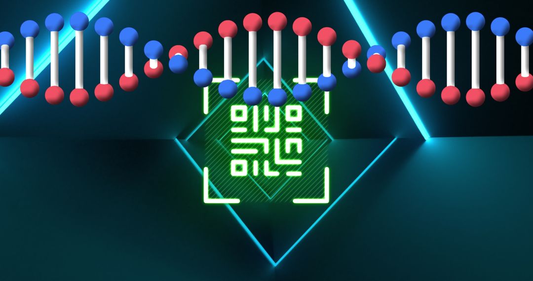 DNA Strand in Neon Digital Environment Highlighting Tech Concepts