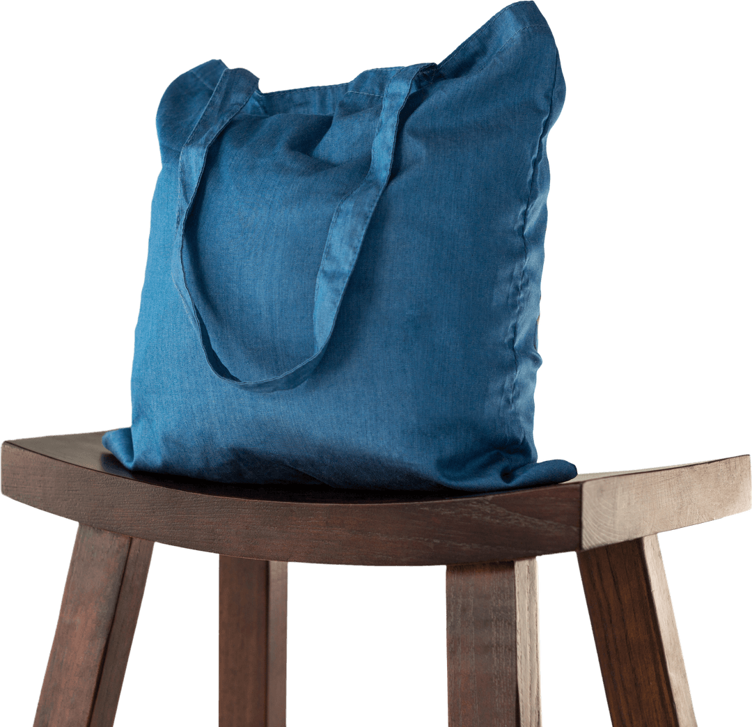 Blue Tote Bag on Stool with Transparent Background for Shopping Design