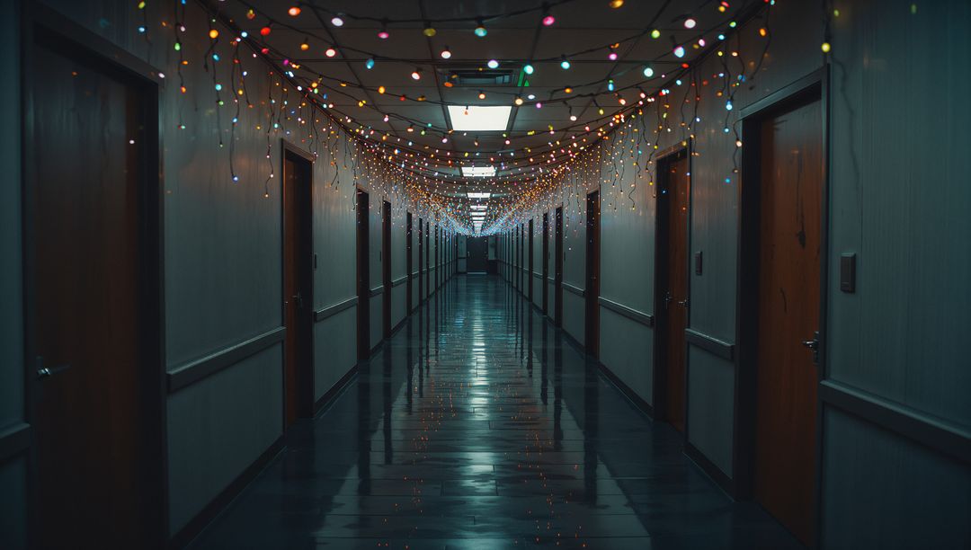Vibrant Hotel Hallway with Multicolored String Lights