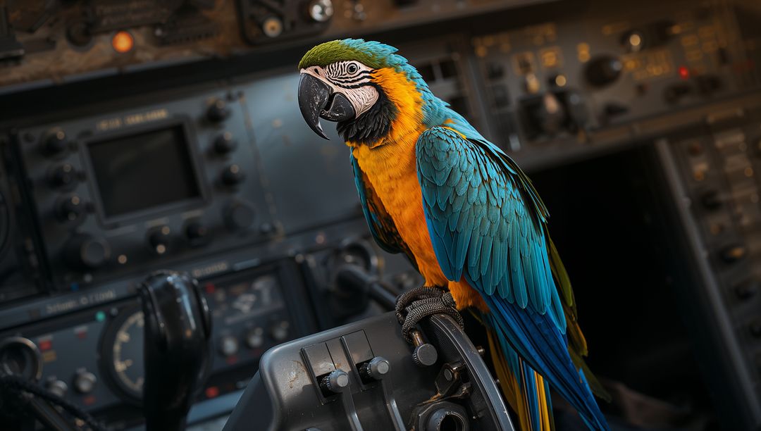 Blue-and-Gold Macaw Perching on Cockpit Yoke with Avionics Panel and Instruments