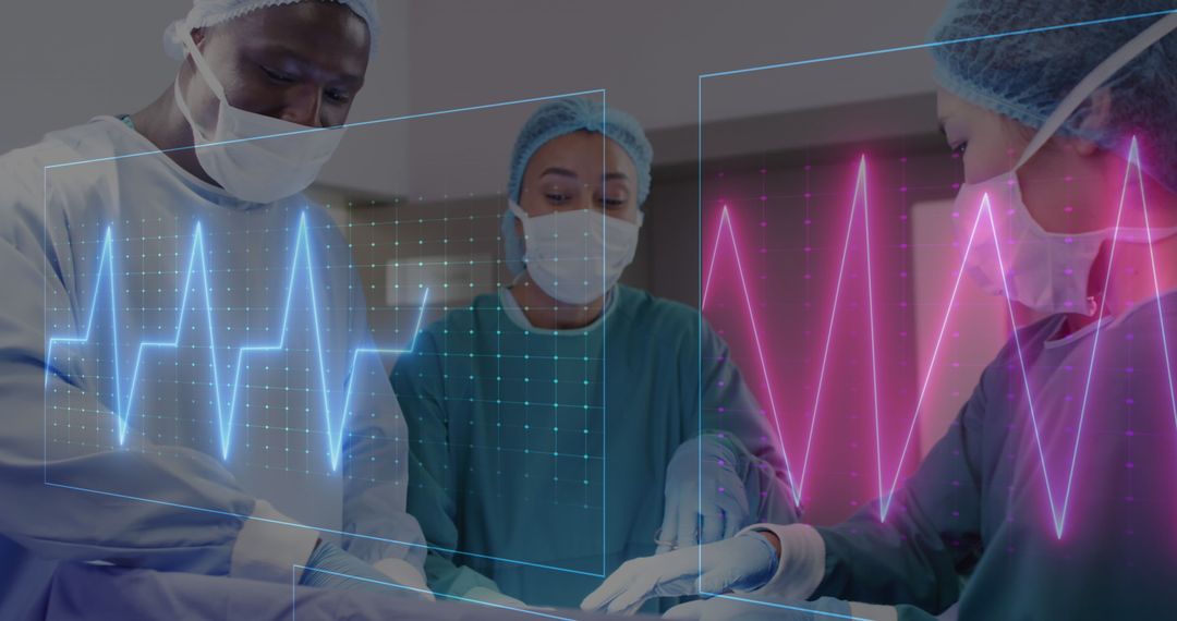 Surgeons Collaborating in Operating Room with Digital Vital Signs Display