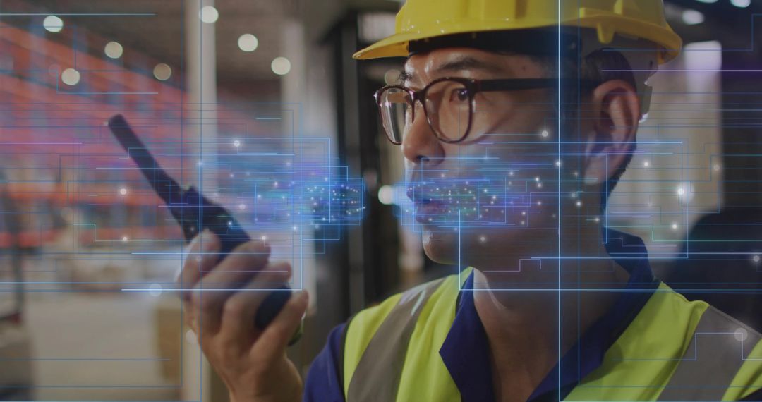 Warehouse worker using walkie-talkie with augmented reality overlay and safety helmet