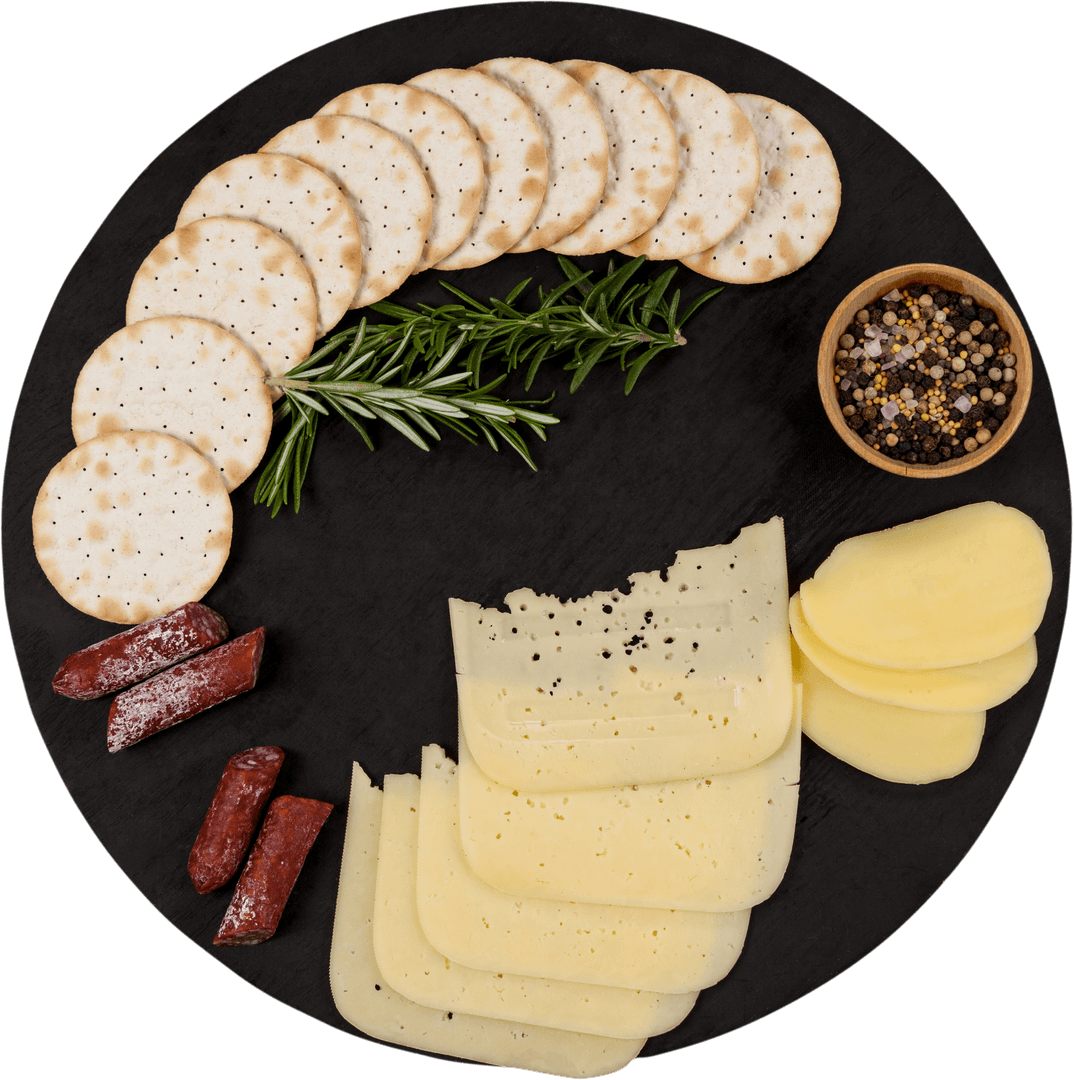 Transparent Cheese and Snack Platter on Slate Served with Spices