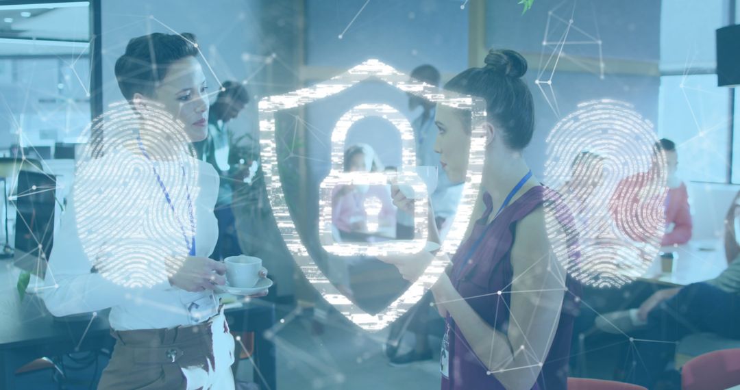 Digital Security Interface Overlaying Business Meeting