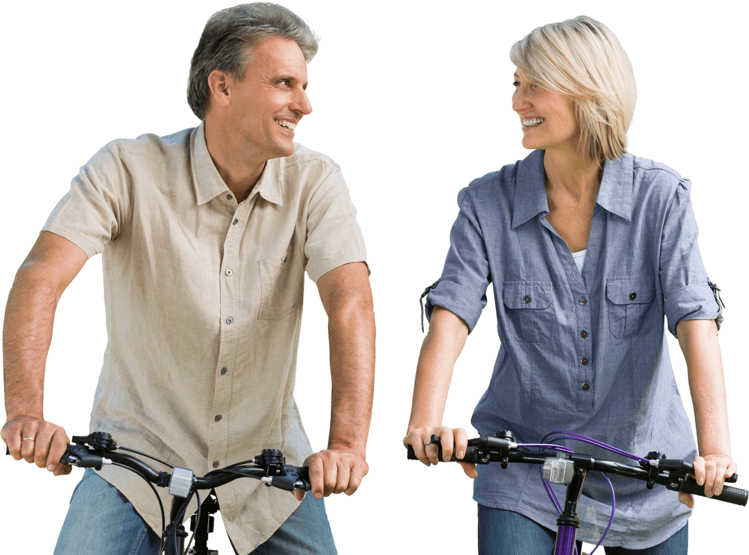 Happy Mature Couple Riding Bicycles with Transparent Background