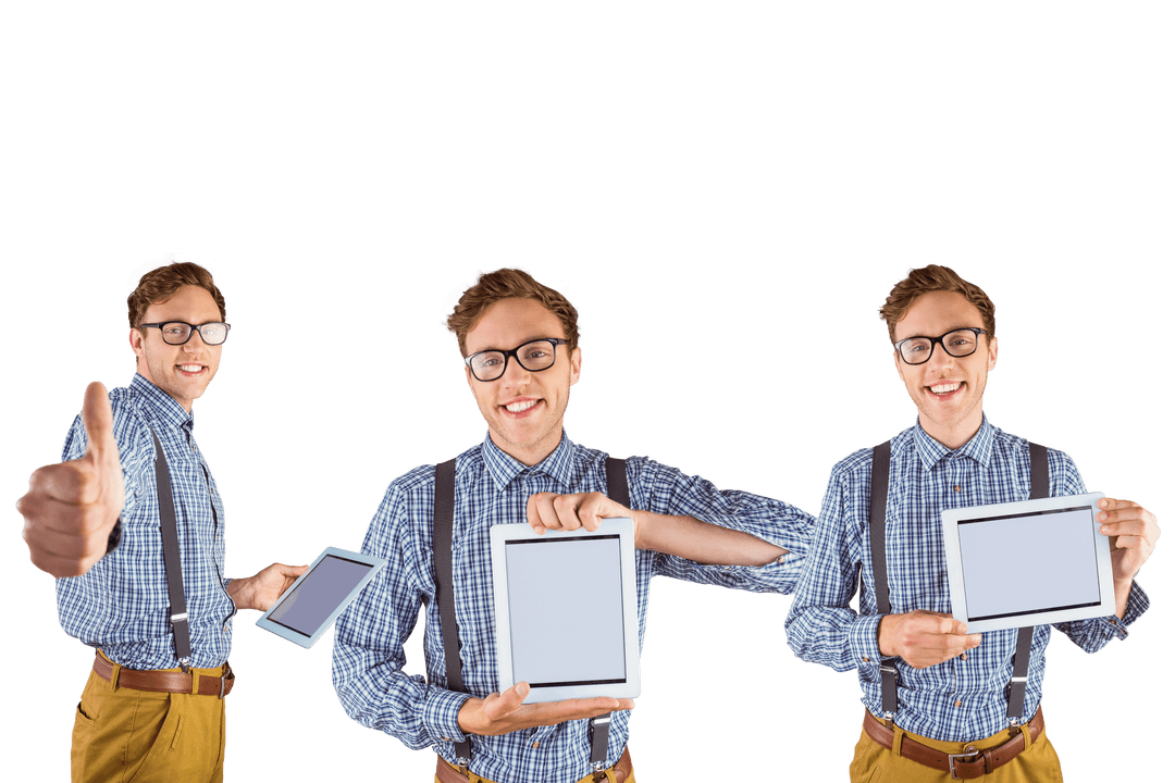 Happy Men Holding Tablet with Blank Screen Transparent Background