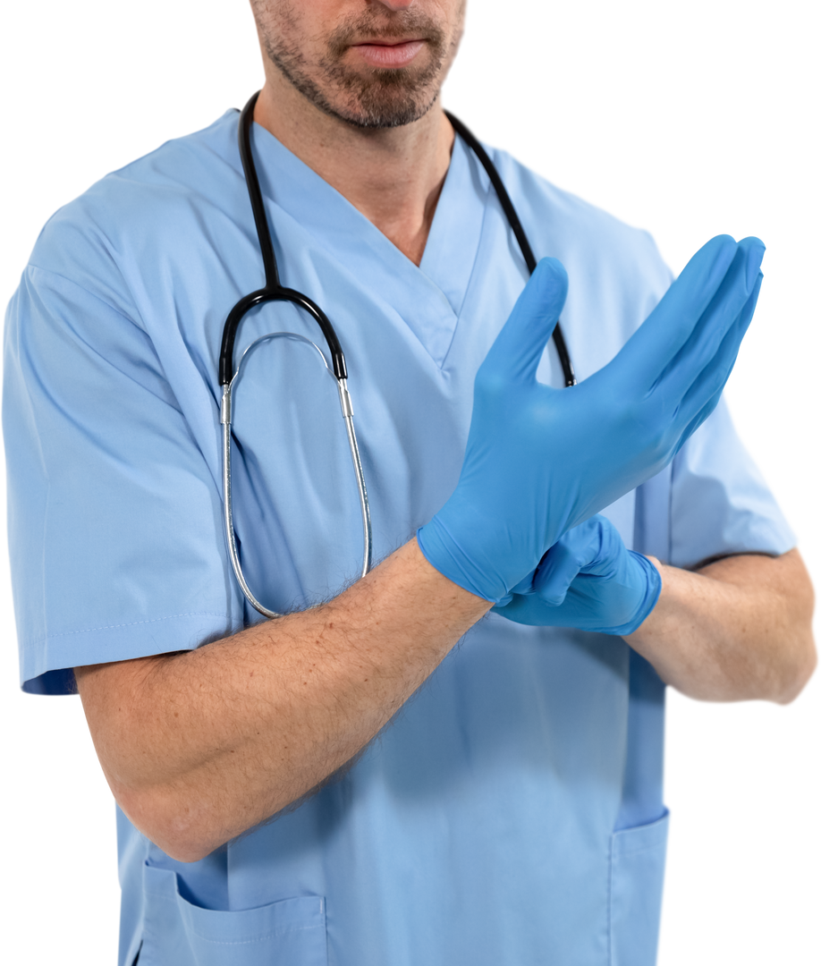 Close-up of Doctor Putting on Gloves with Stethoscope on Blue Scrubs - Transparent - Download Free Stock Images Pikwizard.com