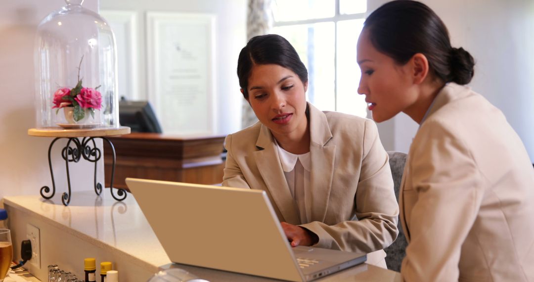 Hotel Concierge Assisting Female Guest with Laptop - Free Images, Stock Photos and Pictures on Pikwizard.com