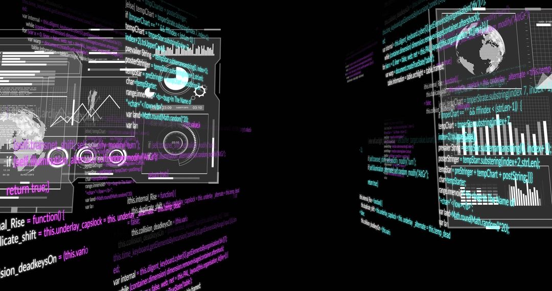 Neon Holographic Data Corridor with Glowing UI Panels, Cyan Code and Cyber Visualization