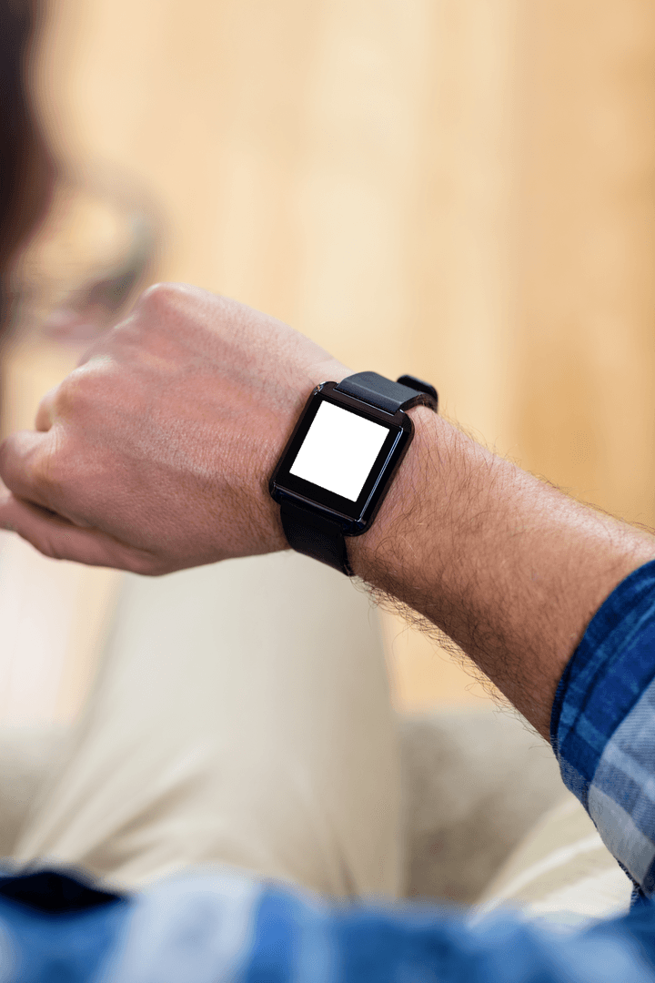 Transparent Smartwatch Displayed on Man's Wrist in Casual Outfit