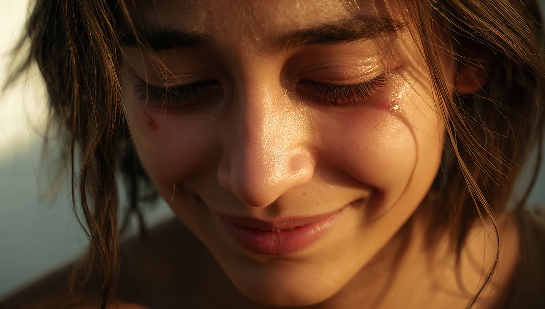 Smiling woman with damp hair and tear droplets during golden hour closeup, serene portrait