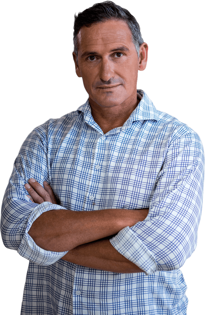 Confident Mature Man with Arms Crossed on Transparent Background