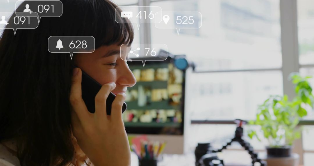 Smiling Woman on Smartphone at Work with Digital Alerts Overlay