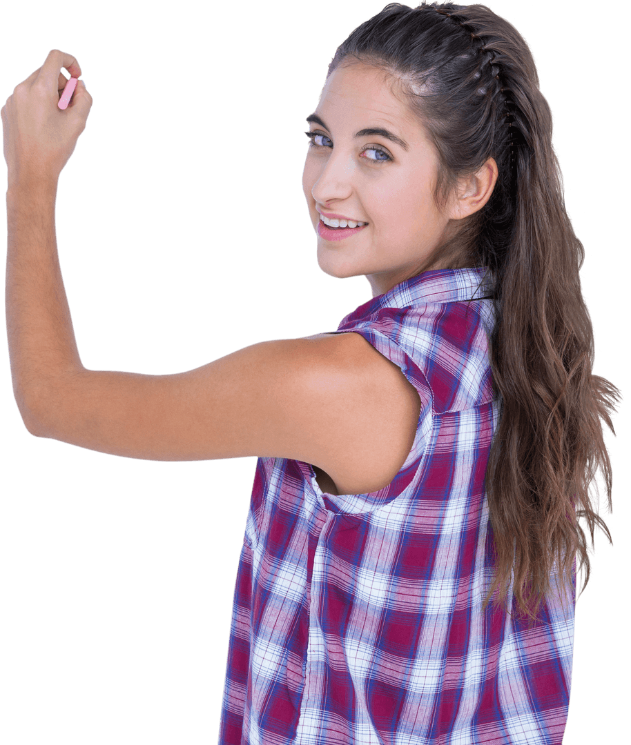 Transparent Smiling Woman Writing on Clear Surface