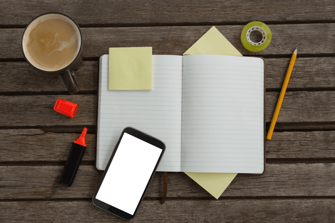 Transparent Workspace Elements on Rustic Wooden Surface