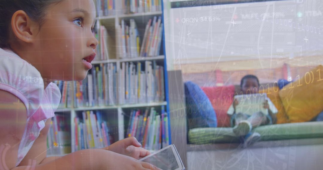 Children in Library Engaged with Technology and Digital Data Overlays