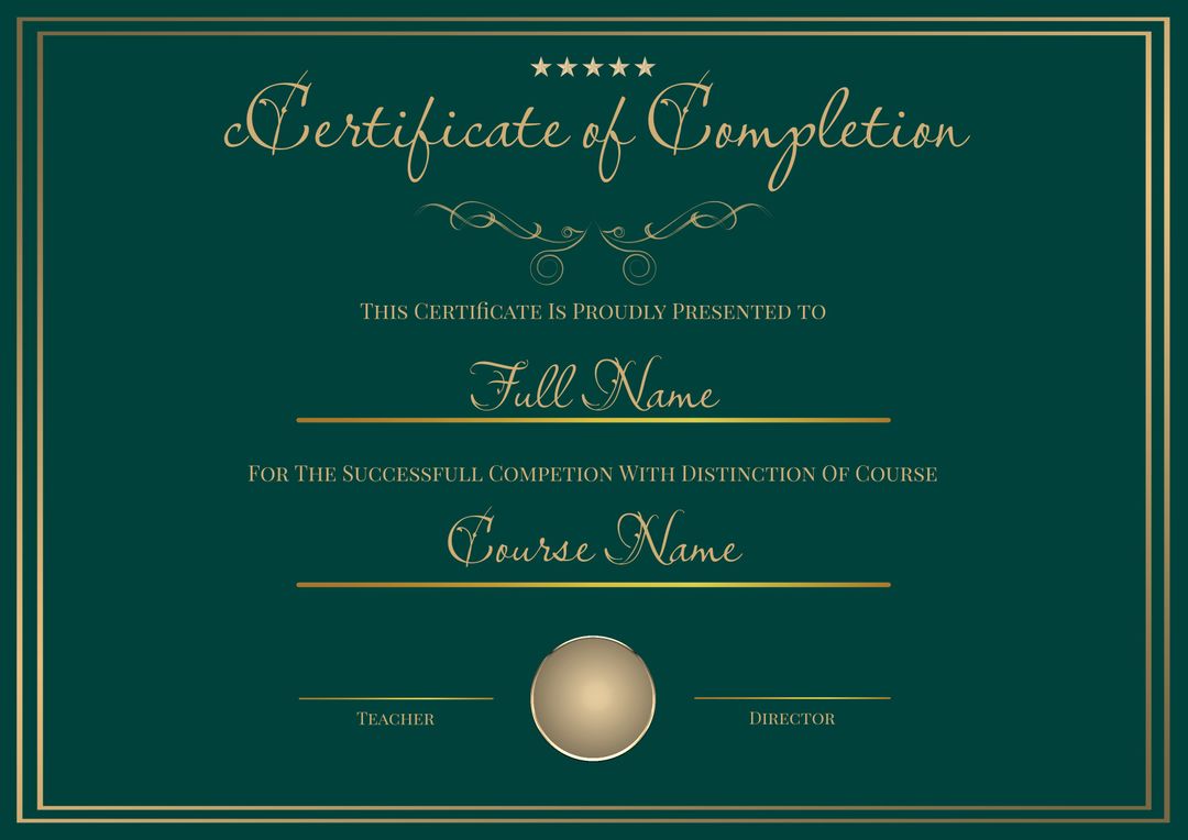 Elegant Certificate of Completion with Gold Accents on Green Background - Download Free Stock Templates Pikwizard.com