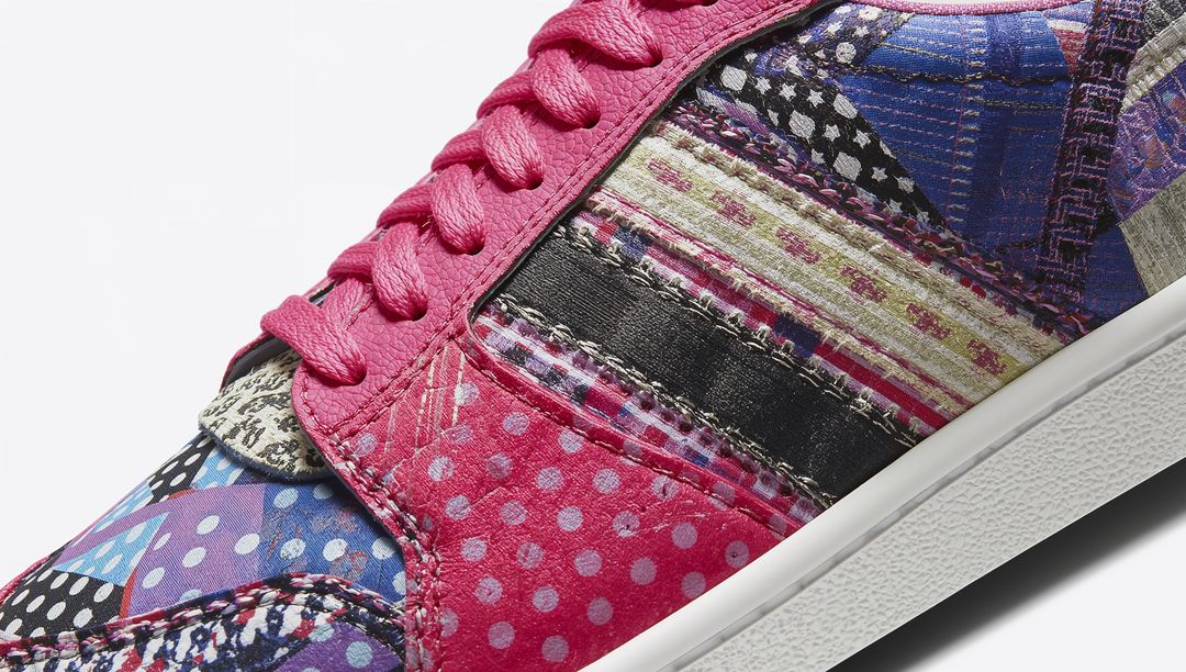 Patchwork Low-Top Sneaker Featuring Pink Laces, Polka Dots and Mixed Fabric Stripes