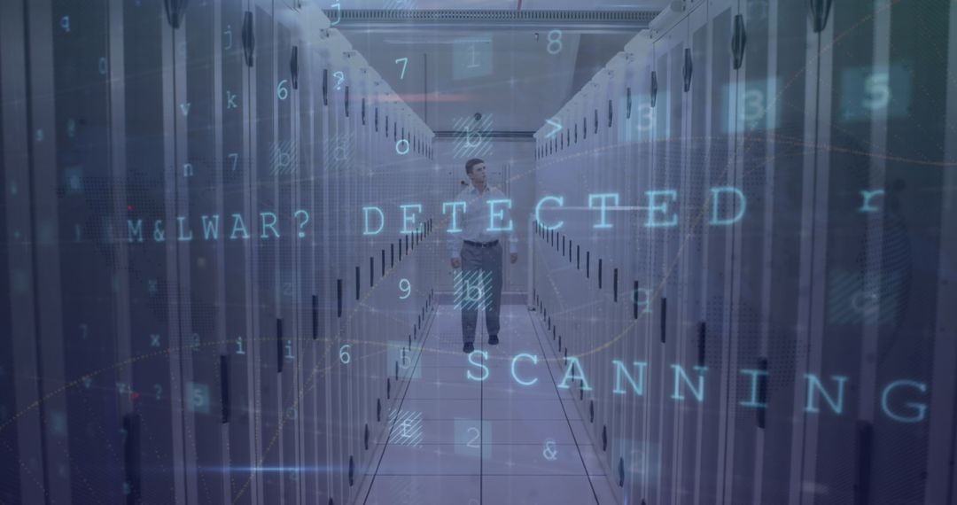 Technician Walking Through Data Center Aisle with Digital Security Overlay