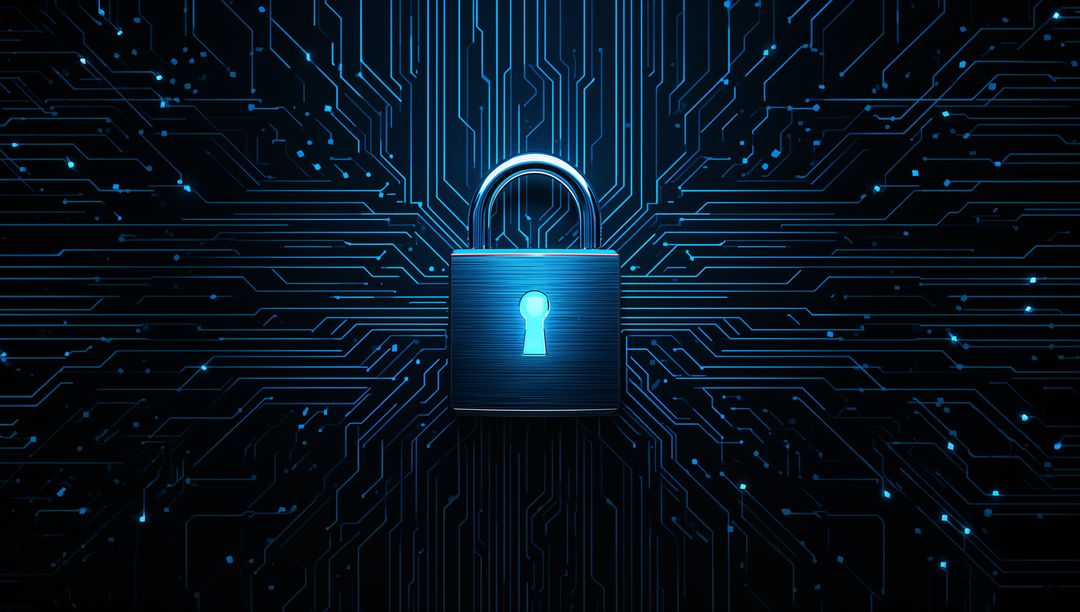 Glowing Padlock on Digital Circuit Board Representing Cybersecurity