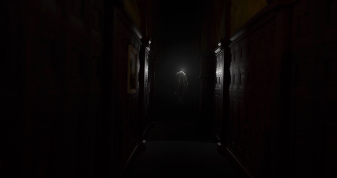 Eerie Dark Corridor with Ghostly Figure in Distance