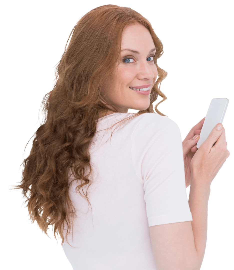 Smiling Redhead Woman Messaging on Transparent Background