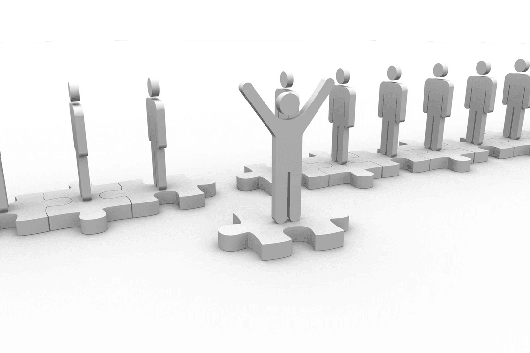 Transparent human figure raising arms leads row in puzzle concept