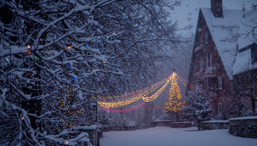 Festive String Lights Draping Snowy Plaza with Conical Tree beside Brick Building at Dusk