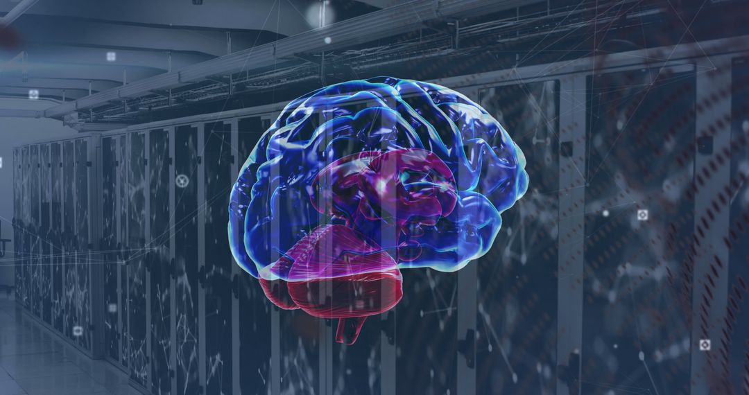 Digital Brain Visualized Over High-Tech Server Room