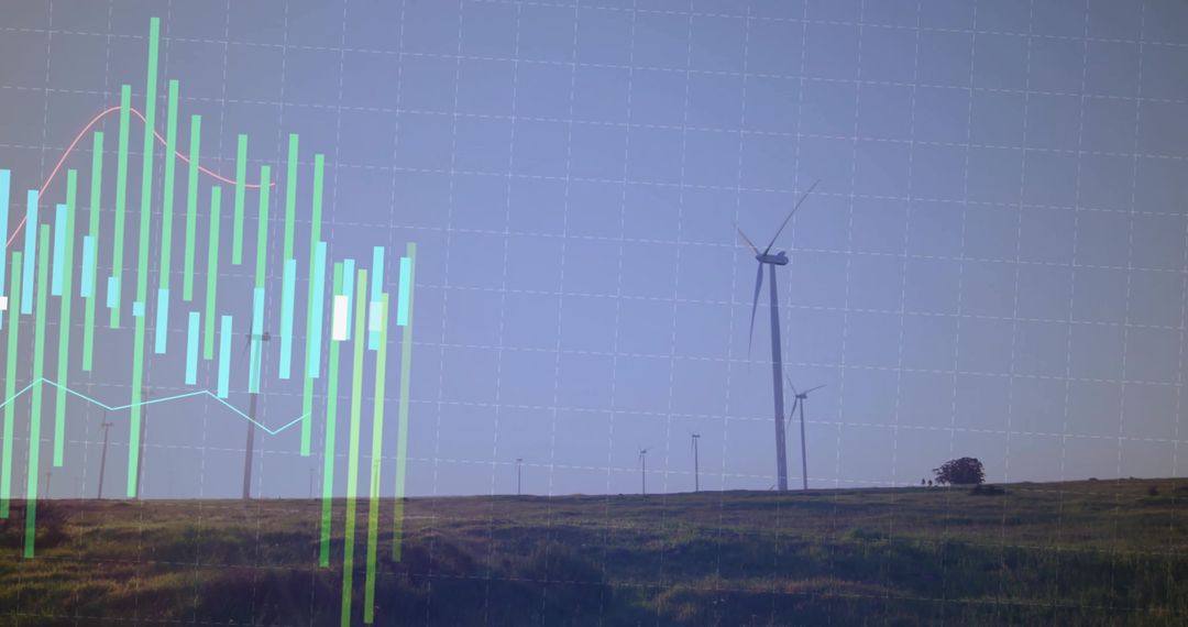 Wind Turbines On Rural Field With Financial Chart Overlay