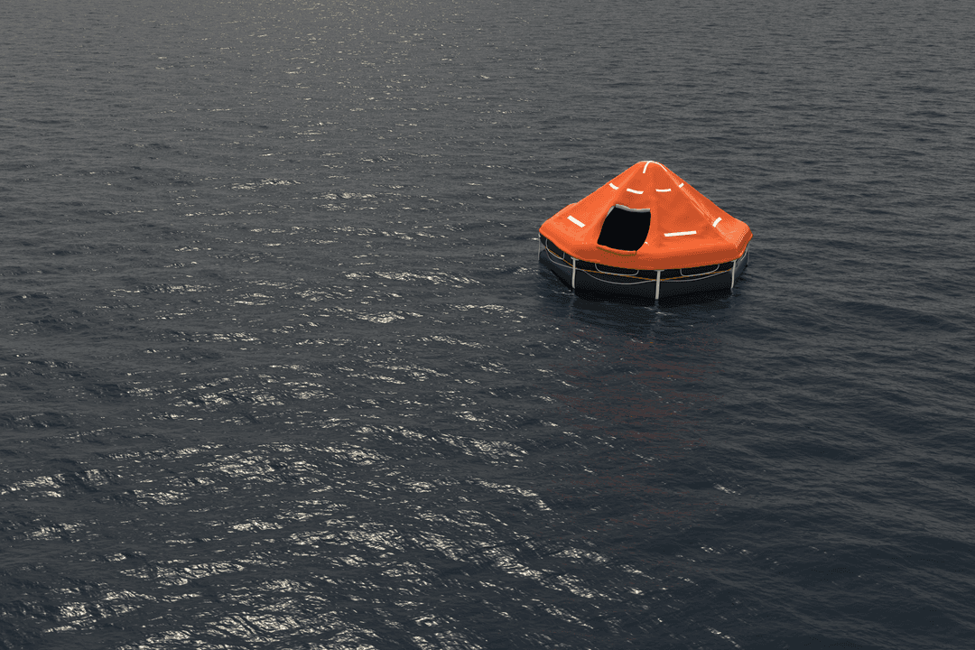 High Angle Transparent View of Orange Life Raft on Calm Sea