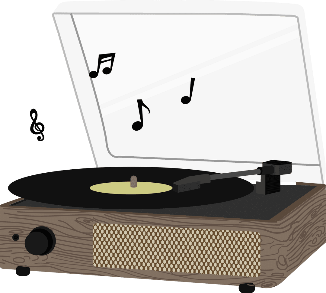 Transparent Vintage Turntable Playing Vinyl with Musical Notes