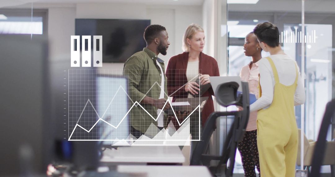 Diverse Team Meeting with Financial Data Visualization Overlay