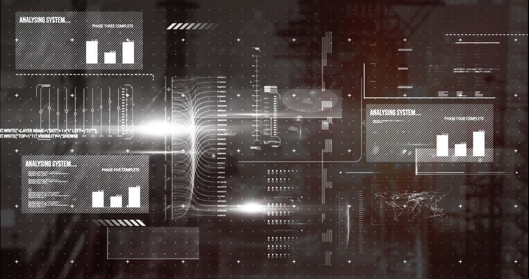 Futuristic Digital Interface with Data Flow and Analytics Panels