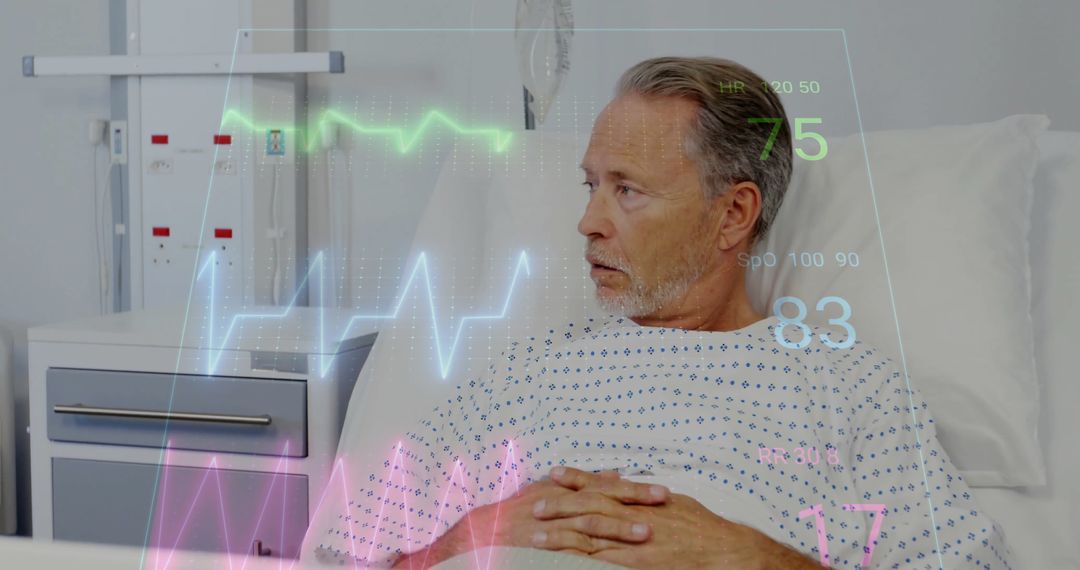 Senior Man in Hospital with Cardiograph Display Add
