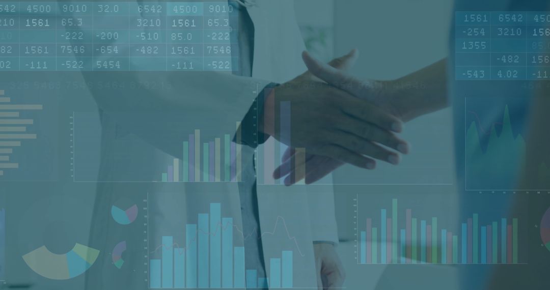Doctors Shaking Hands with Financial Data Overlaying Healthcare Charts