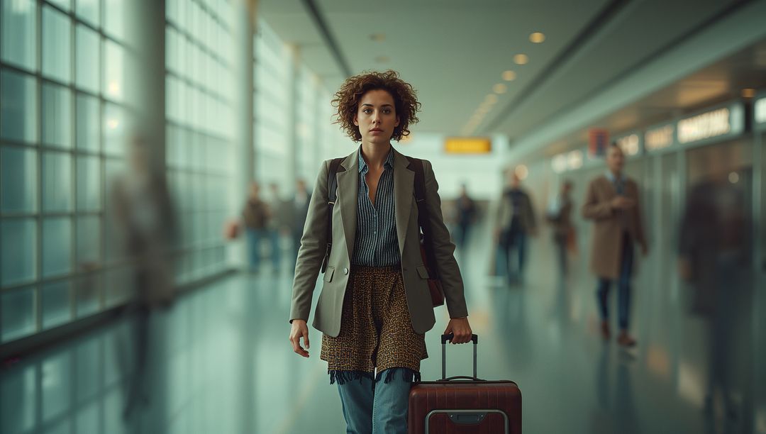 Confident Female Traveler Walking with Suitcase in Busy Airport Terminal