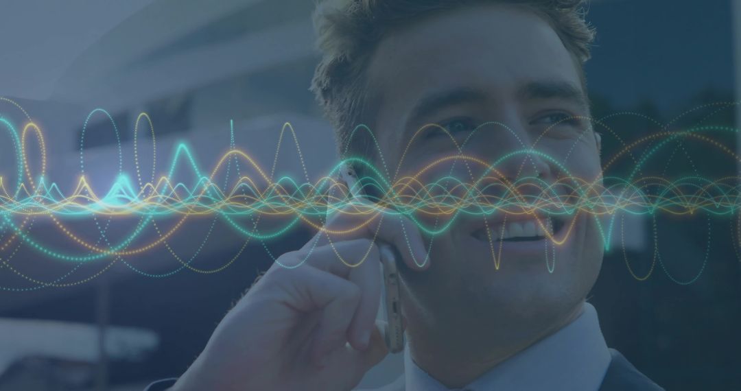 Happy Professional Communicating Via Smartphone with Digital Overlays