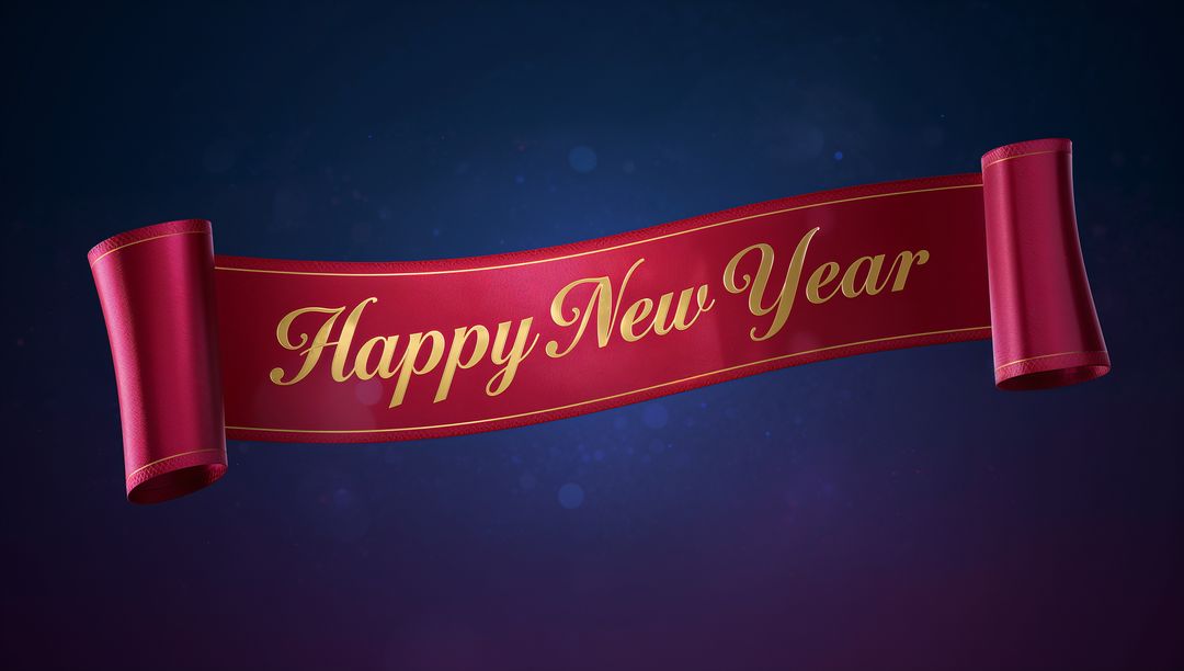 Maroon Satin Ribbon Banner Saying Happy New Year in Gold Script on Navy Gradient