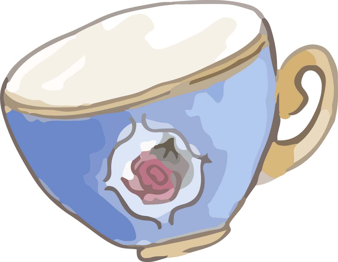 Elegant Blue Teacup with Rose Design on Transparent Background