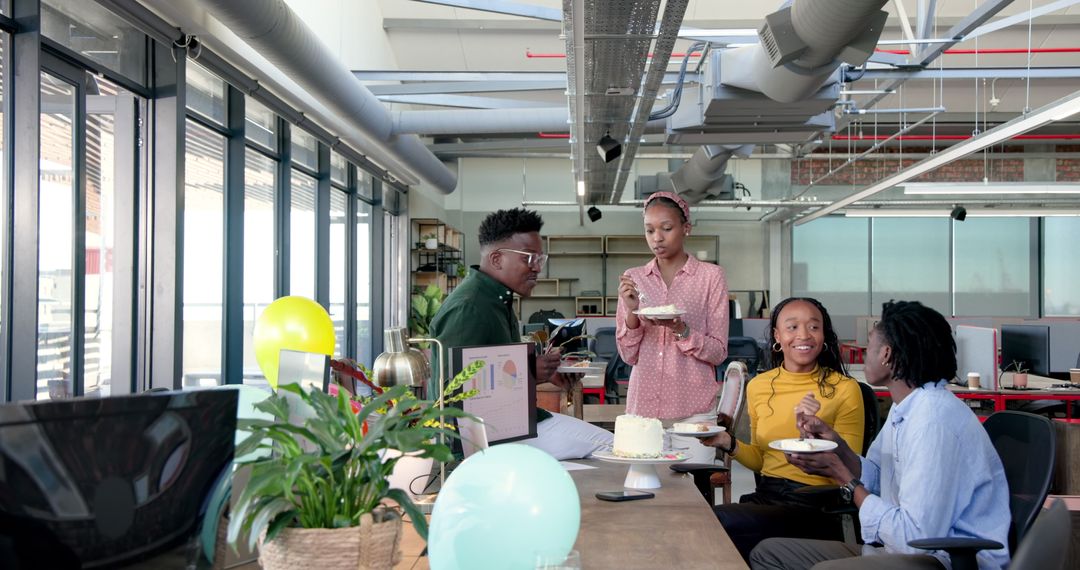 Office Team Celebrating with Cake and Conversation