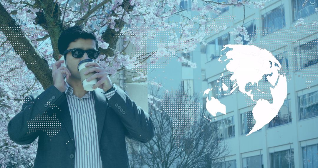 Confident Businessman Networking Amidst Global Graphic Background