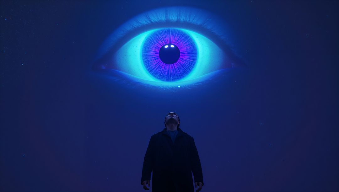 Man Gazing Up at Giant Luminous Eye Projection Installation in Surreal Blue Cosmic Gallery