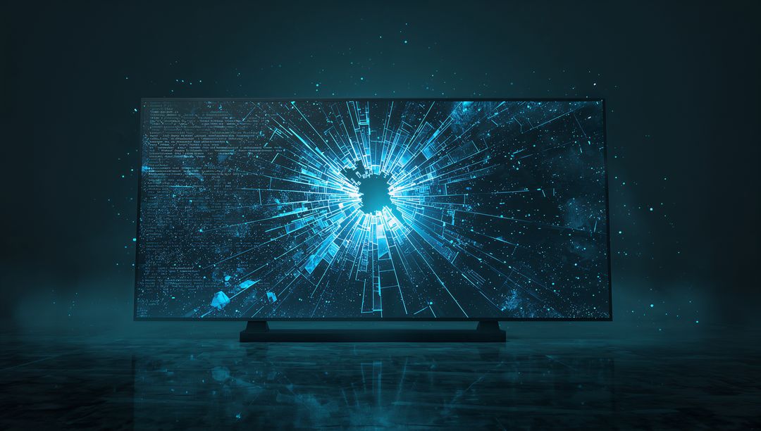 Ultrawide Monitor Displaying Cyan Digital Rupture Concept, Futuristic Broken Screen