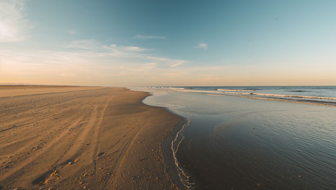Wide Sandy Shoreline Curving at Low Tide with Wet Sand and Gentle Waves at Sunrise