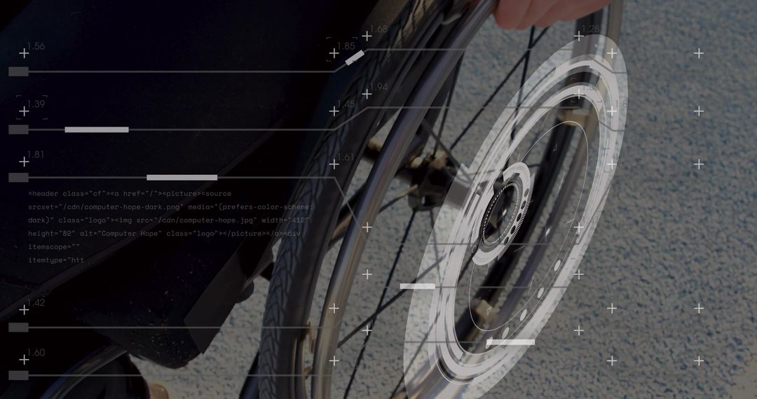 Wheelchair User Gripping Wheel with HUD Overlay Showing Mobility Technology and Inclusion