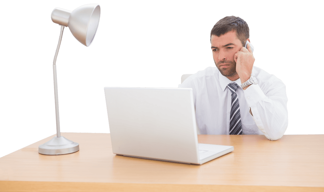 Caucasian Businessman Using Laptop and Smartphone on Transparent Background