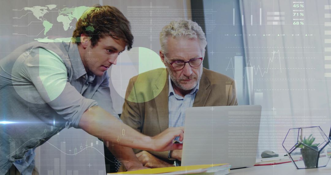 Young Professional Collaborating with Older Mentor Analyzing Data